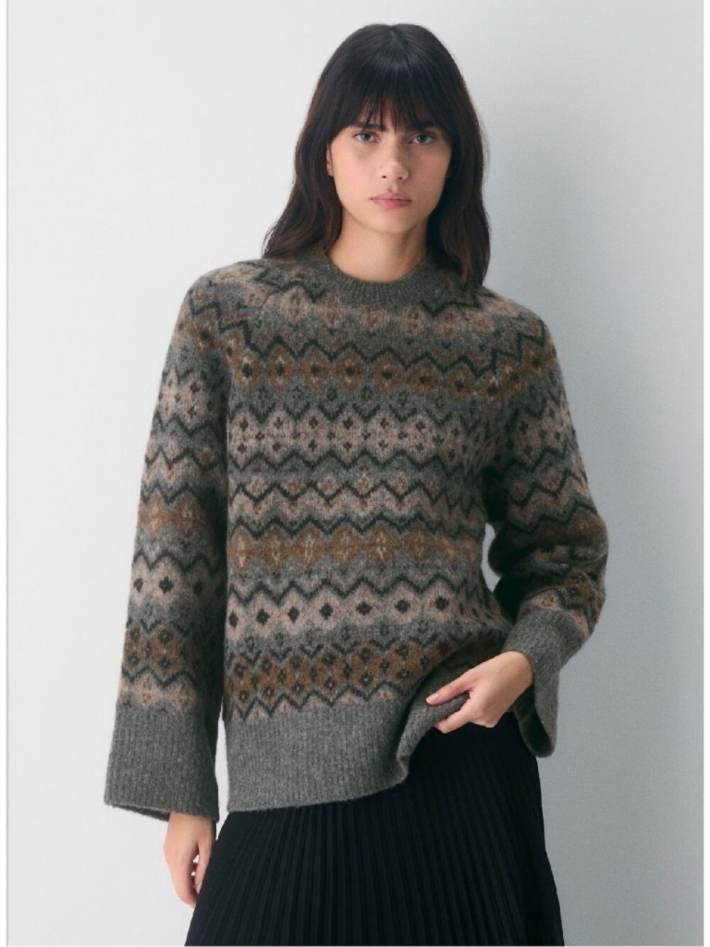 Aritzia Wilfred 'Harlow' Brown & Gray Fair Isle Wool-Blend Crewneck Sweater Sz S